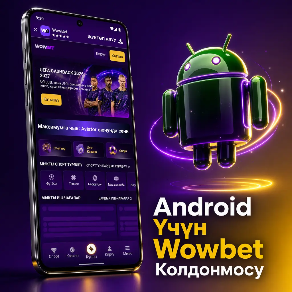 Wowbet Android колдонмосун APK форматында акысыз жүктөп, Android 4.1 жана андан жогору версияларда колдонуңуз