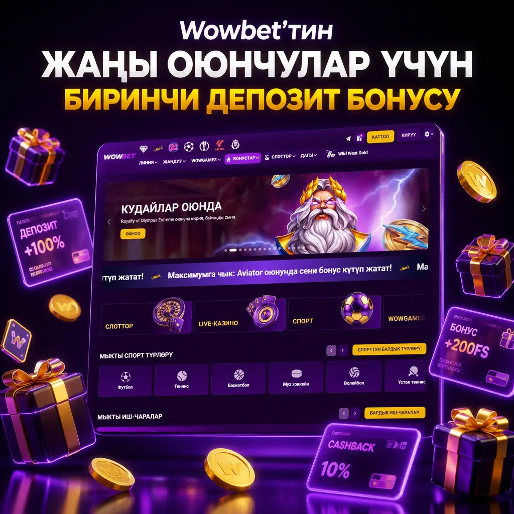 Wowbet казиносунун жаңы оюнчулар үчүн 1500 EUR + 150 FS чейинки биринчи депозит бонусу тууралуу баннер