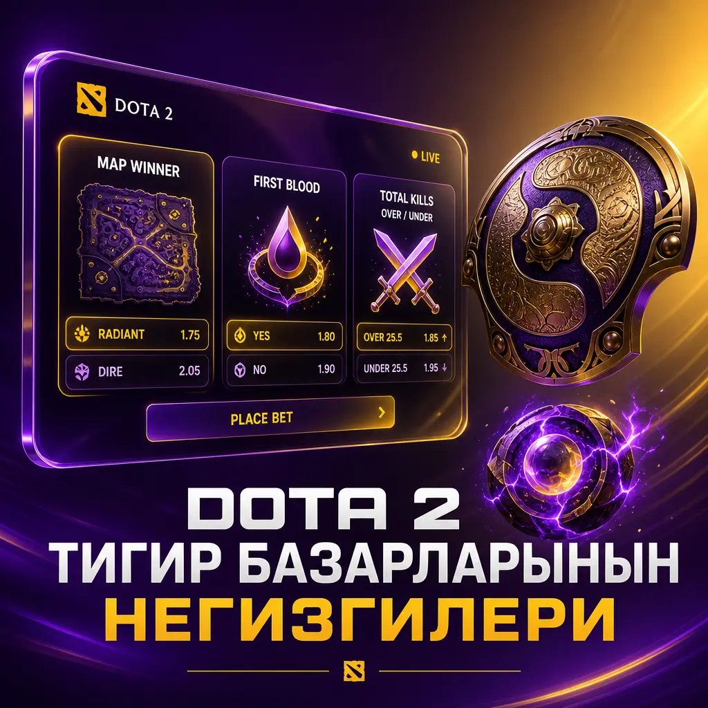 Wowbet платформасындагы Dota 2 тигир базарларынын негизги түрлөрүн көрсөткөн сүрөт
