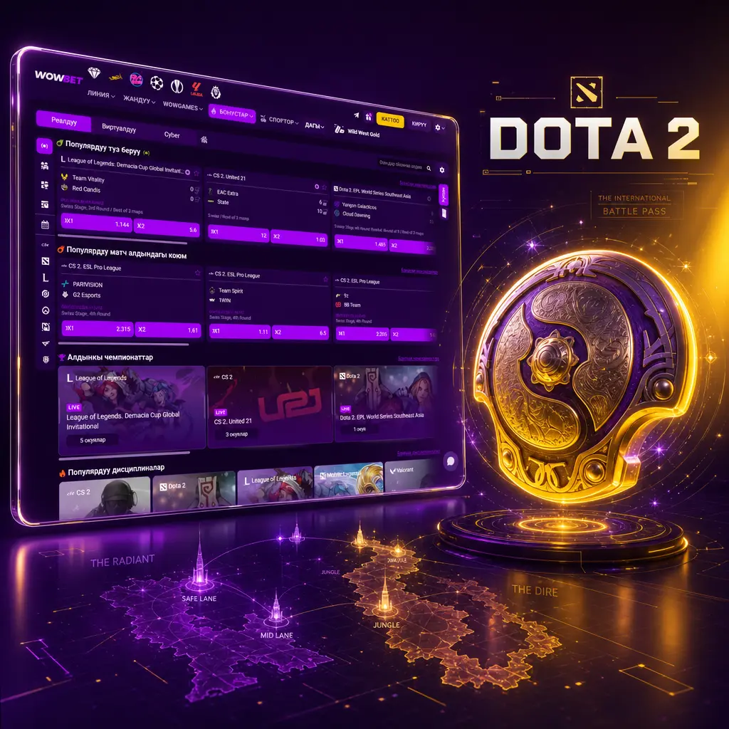 Dota 2 оюну боюнча Wowbet платформасында тилке коюу, командалар жана эл аралык турнирлер көрсөтүлгөн сүрөт